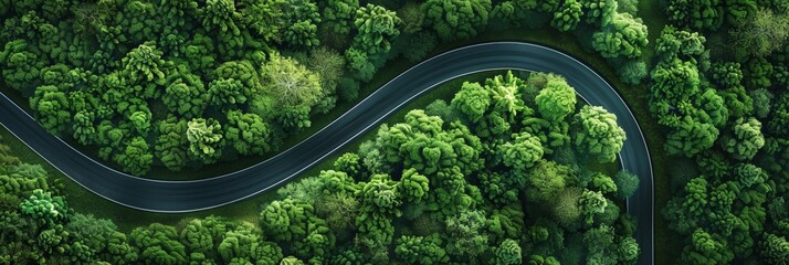 Aerial view of winding asphalt road through beautiful green springtime forest landscape