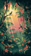 In a stunning digital art piece, a lush jungle bursts with vibrant greenery and tropical flowers