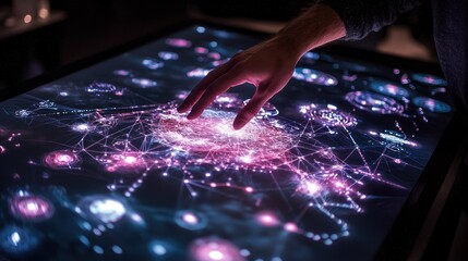 Interactive global map on a touch screen, hand touching a glowing data point.