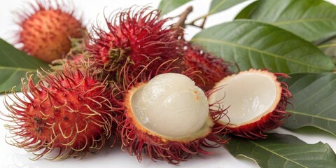 Harvesting juicy rambutans with spiky red skins in tropical gardens fruits close-up lush environment nature inspiration