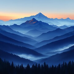 Fototapeta premium Layered Mountain Ranges at Dusk with a Hazy Blue Hue and a Warm Horizon