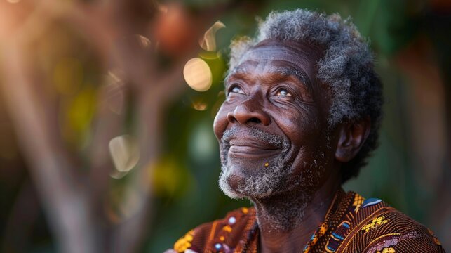 African man looking up and smiling, positive expression, portrait of a happy African male