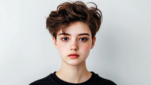 Portrait of Agender Person With Short Hair and Minimalist Style on White Background Expressing Calmness and Confidence