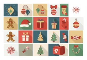 Christmas advent calendar, festive icons, colorful grid, holiday symbols, snowflakes, ornaments, Santa hat, gingerbread man, gift box, Christmas tree, candy cane