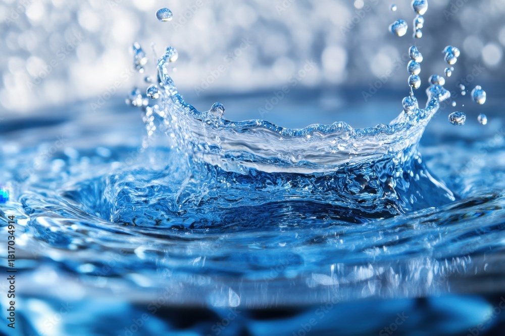 Poster dynamic water splash creating a crown shape with droplets in motion against a blurred light backgrou