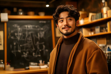 Obraz premium Man In Brown Coat Looking Thoughtful In Room With Bookshelf