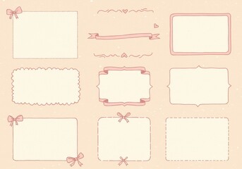 Vintage decorative frames, pink ribbon borders, delicate line art, minimalist design, pastel background, soft color palette, hand-drawn style, symmetrical patterns, elegant