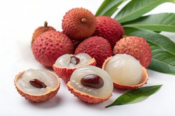 Exploring juicy varieties of lychee a colorful display of peeled and unpeeled fruits in a bright kitchen setting