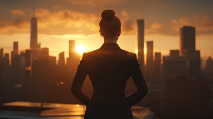 Fototapeta premium Confident and Hopeful Woman in Sleek Black Suit at Sunset Cityscape