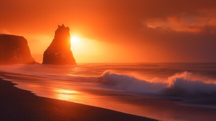 Golden hour at Reynisfjara Beach in Iceland with sun shining through basalt sea stacks and waves crashing on the black sand beach