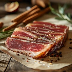Slices of Cured Meat on Rustic Wooden Table with Spices and Herbs: A Gourmet Still Life for Food Photography