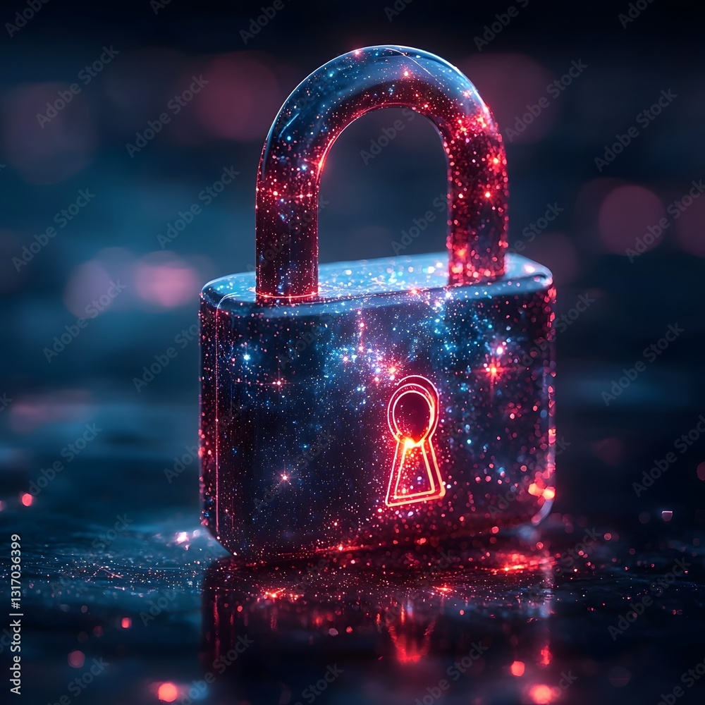 Sticker vibrant glowing padlock icon embedded with tiny stars against cosmic background to symbolize univers