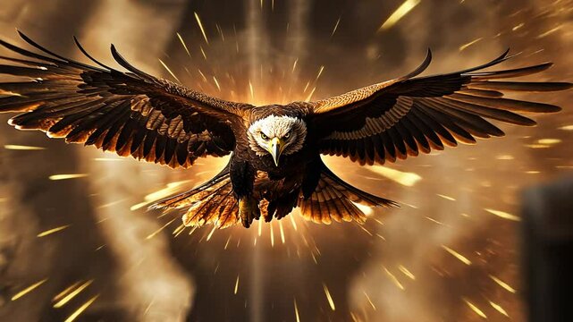 Majestic eagle in flight captured through photographer's lens, golden light shining