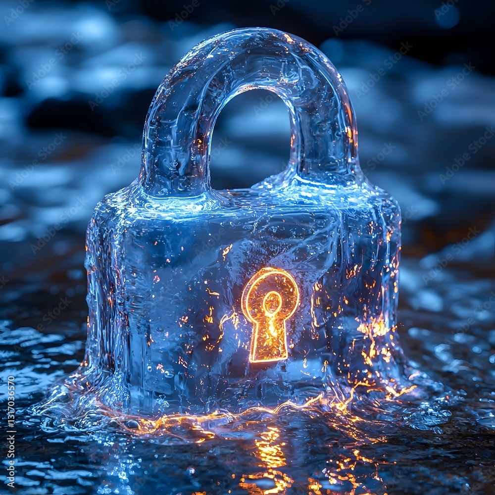 Poster glowing padlock icon with flowing water elements symbolizing secure data flow and flexibility