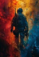 Fototapeta premium American Armed Forces Day Soldier Silhouette Cinematic Reverent Atmospheric Gold Black Teal Color Palette