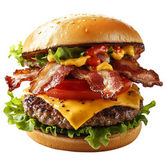 A Hearty Bacon Burger with Crispy Bacon Lettuce Tomato Isolated on Transparent Background