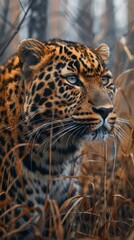 Obraz premium Amur leopard walking in a forest environment