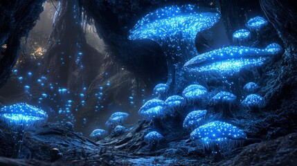 Enchanting fantasy ant kingdom underground with glowing blue mushrooms bioluminescent environment gigapixel detail