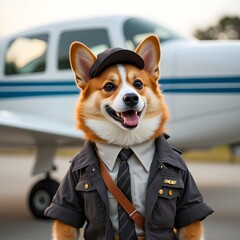 a corgi in a pilots uniform proudly standing in front of a small airplane with a confident smile