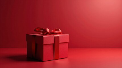 A crimson gift box elegantly adorned with a matching ribbon, ready for a special occasion, sits on a vibrant red surface.