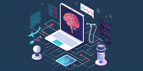Medical Technology with Brain and Health Data on Laptop Screen, Health Science and Medical Technology Concept in Digital Art, Futuristic Medical Data Visualization and Brain Interface






