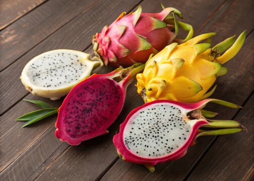 Exploring a vibrant collection of pitayas white red and yellow dragon fruits on rustic wood background