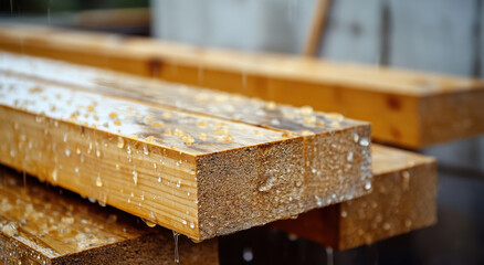Wooden beams rest atop each other, getting soaked by a gentle rain. Water droplets cling to and run down the fresh-cut ends of the lumber