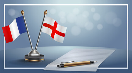 France and England National flags on small table with bokeh background, cooperative relationship. Template vector Illustration