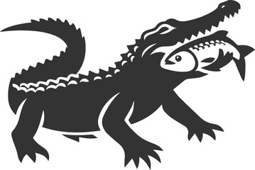 Crocodile carrying a fish in its mouth vector silhouette