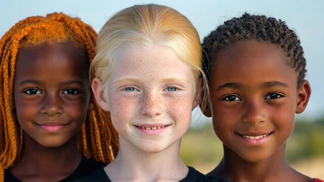 Portrait of three young girls standing together, showcasing diversity, including one with albinism, against a natural outdoor background. Unity and representation concept.