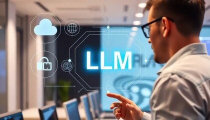 Futuristic AI Interaction in Modern Office, Technology Showcase, Digital Workspace, Productive Environment, Professional Viewpoint