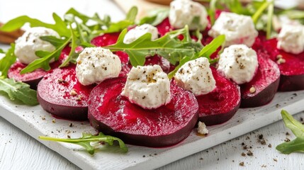 Appetizing beetroot salad with creamy goat cheese and fresh arugula on a rustic white wooden board vibrant colors healthy food culinary delight
