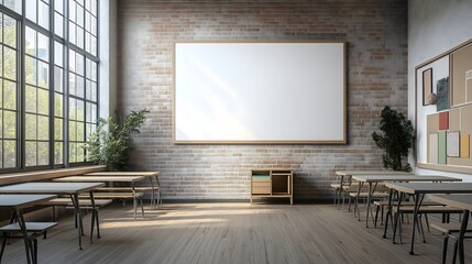 Classroom interior showcasing empty whiteboard on brick wall with tables and natural light coming through the windows