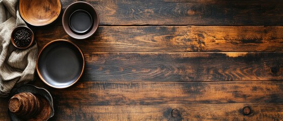 Rustic Wooden Table with Empty Handmade Bowls and Linen Cloth