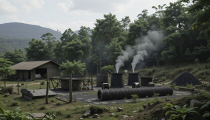 rural industrial site with smoking chimneys and wooden building is surrounded by lush green trees and hills. scene conveys sense of industry amidst nature