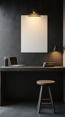 Dark office interior with blank poster wooden desk laptop stool books and pens under a spotlight