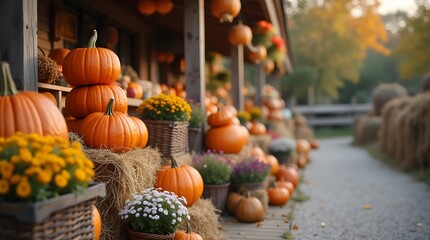 Pumpkins and vibrant mums adorn a rustic porch, capturing the warm
