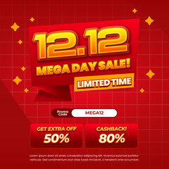 12.12 Mega day Sale discount deals Super deep red gradient Editable text effect Cute grid style background with Red Pop up sale badge Promotional banner flyer Template