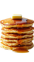 Fluffy pancakes drizzled with syrup and topped with butter, isolated on a transparent or white background, perfect for breakfast menus, food photography, and delicious brunch promotions.