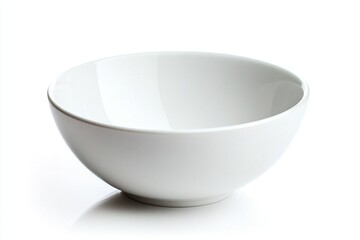 A pristine white bowl on a reflective surface isolated on white, showcasing its smooth design and simplicity