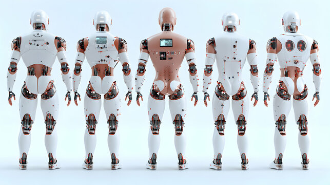 Five robotic humanoids with exposed components are standing together