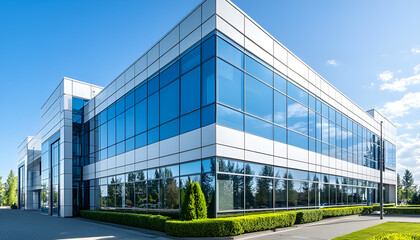 Modern glass office building reflecting sky with geometric architecture and urban design
