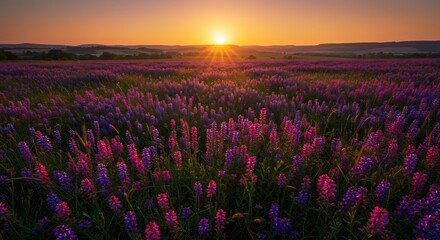Fototapeta premium Serene Sunset Illuminates Purple Flower Field. AI Generated