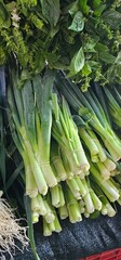Fototapeta premium Fresh basil and leeks at the market