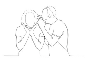 Continuous one line art of  one of whom whispers in the ear of the other. Share a secret with a friend. Gossips. Can be used for animation.