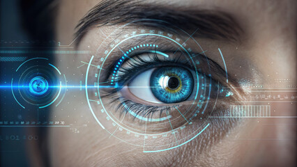 close up of eye with biometric scanning technology overlay, showcasing advanced features and digital elements. image conveys sense of innovation and security