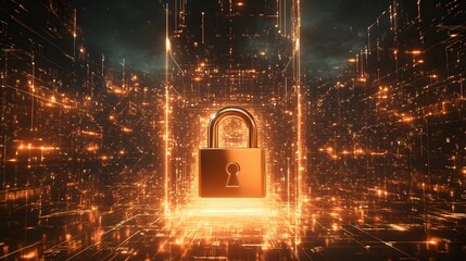 A metallic padlock icon set against a futuristic digital background, symbolizing security and advanced technology
