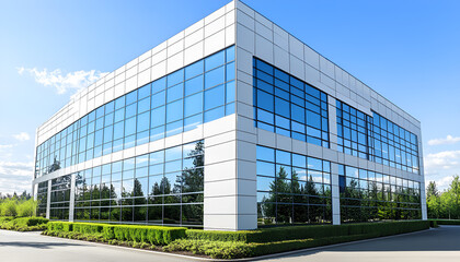 Modern glass office building reflecting sky with geometric architecture and urban design
