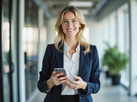 A portrait headshot photo of a professional CEO executive business worker: A woman in a business attire is smiling, holding a phone in her hand.