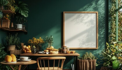 An inviting indoor scene features a wooden table adorned with plants and a framed art piece. The space is bathed in natural light, with a focus on texture and botanical details